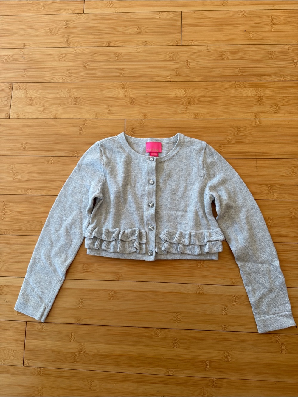 Lilly Pulitzer silver glitter Ruffle Cardigan with rhinestone buttons EUC M 6-7
